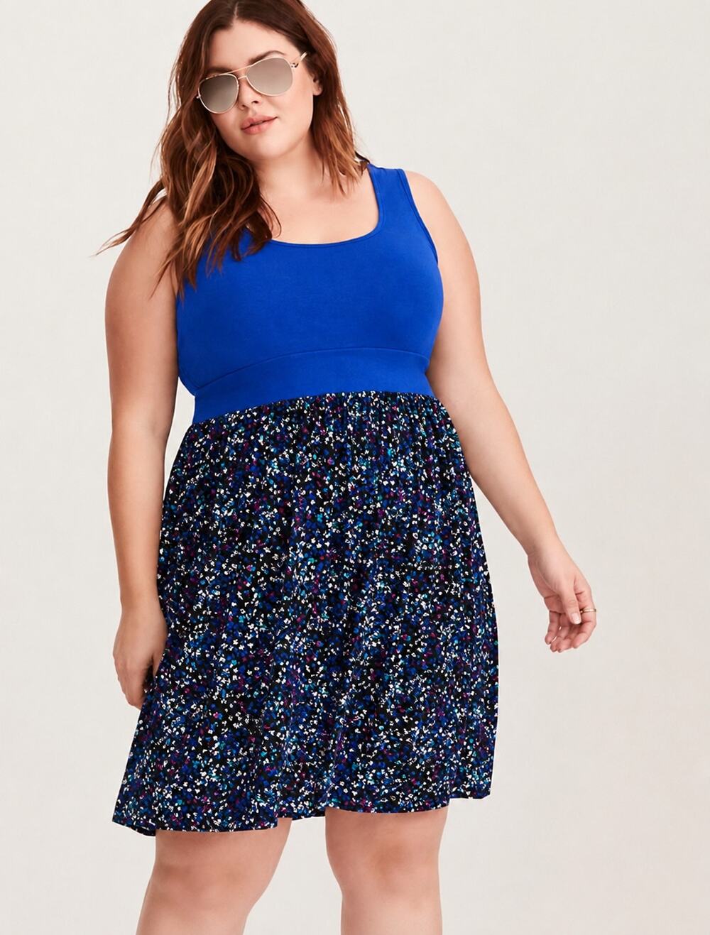 Torrid Knit To Woven Floral Tank Dress Blue Plus Size 1X